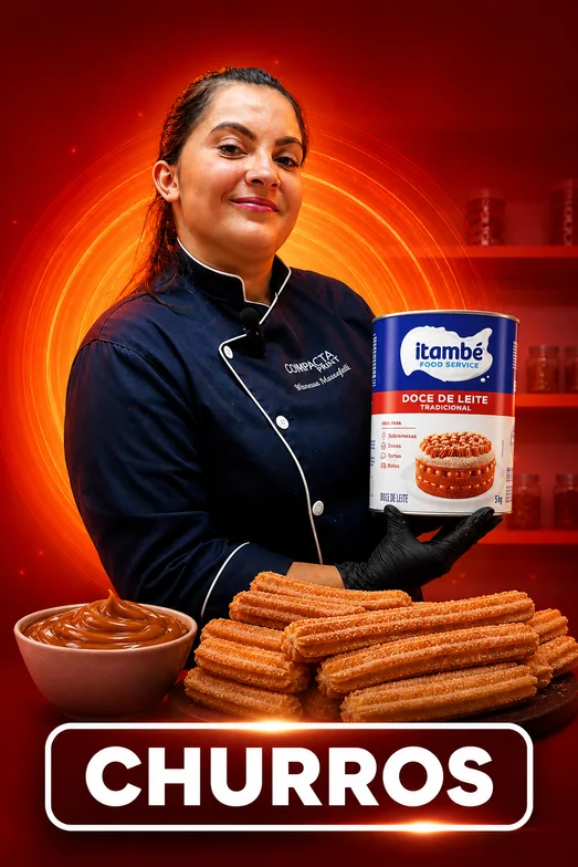 Capa do módulo Churros, com a Wanessa segurando uma lata de doce de leite e churros na frente